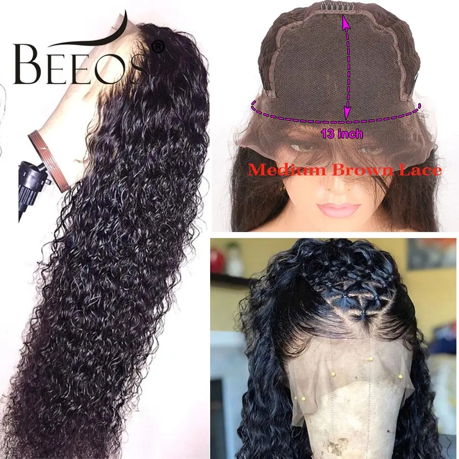 Medium Brown Lace Предварительно выщипанные 13x6 глубокая часть кружева спереди кудрявые человеческие волосы парики 180 черные отбеленные узлы перуанские поддельные волосы remy для женщин - Цвет: Medium Brown Lace