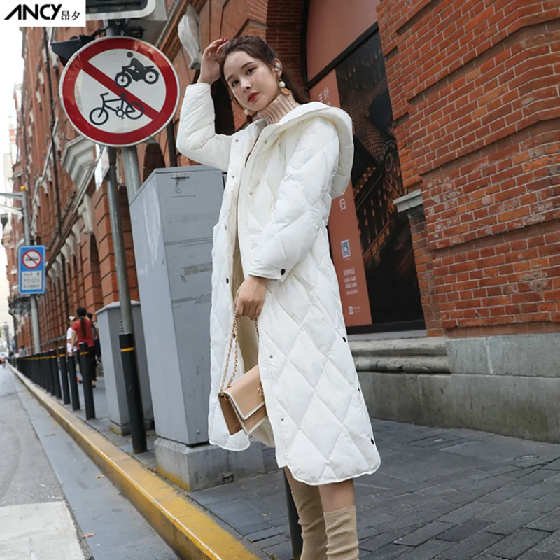 women new style long hooded duck down jackets female fashion casual slim warm clothes lady popular winter over knee jackets