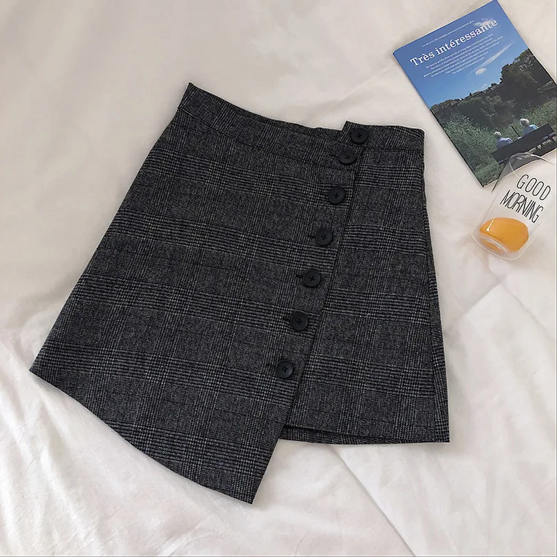 

TYHRU Fall Ladies Irregular Single-breasted Plaid High Waist Skirt