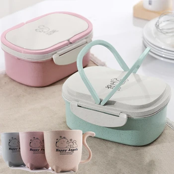 

950ml Lunch Box Food Storage Container Wheat Straw Children Kids School Office Portable Microwave Bento Lunch Box Tableware