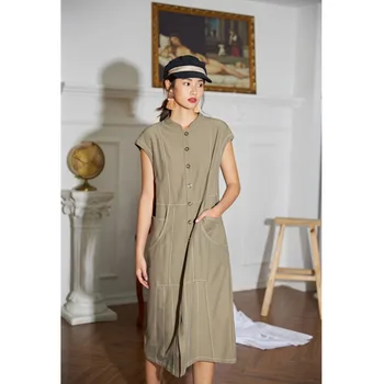 

2020 Spring Summer New Arrivals Stand Collar Short Sleeve Solid Pattern Women Casual Loose Mid Calf Pockets Dress T686