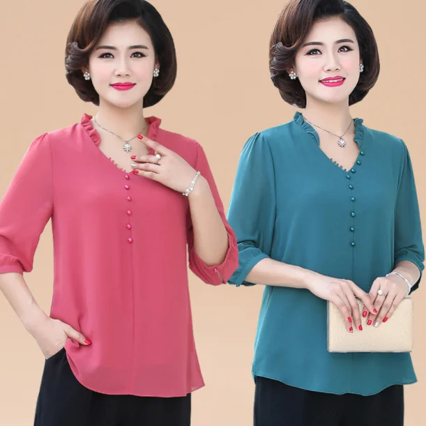 Camisa de шифоновая элегантная женская рубашка летняя новая гофрированная с v-образным вырезом размера плюс средний возраст мать Половина рукава Топы футболки DG566