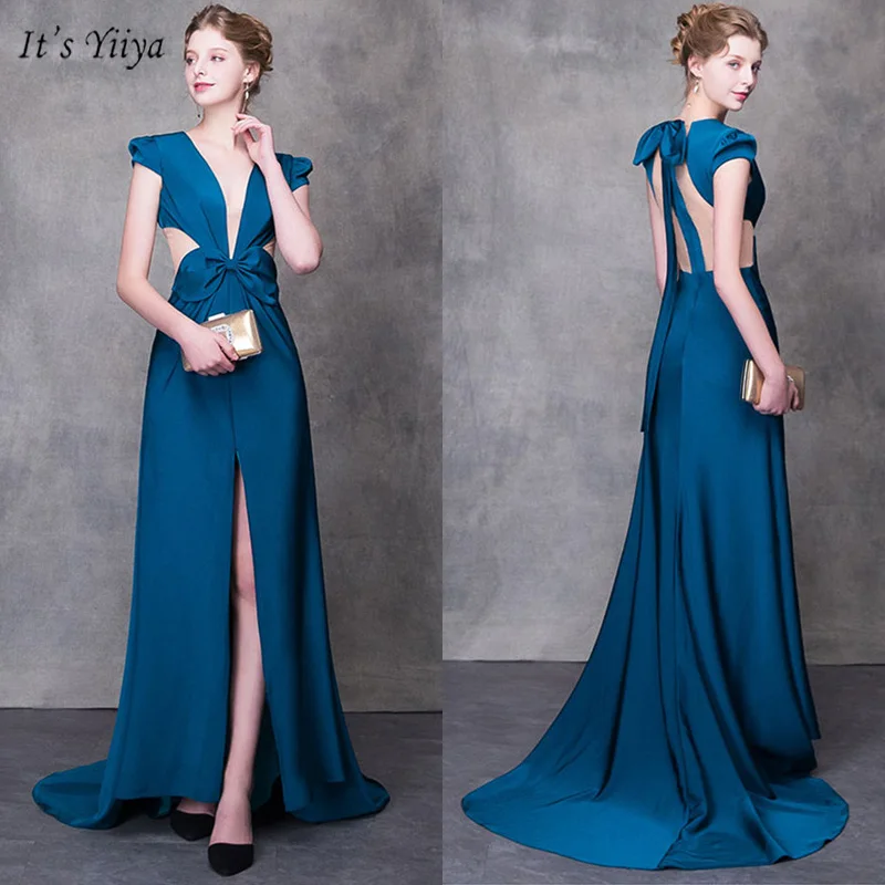 

It's Yiiya Evening Dress V-Neck Backless Straight Women Party Dresses Short Sleeve Bow Ribbons Floor-Length Robe De Soiree V097