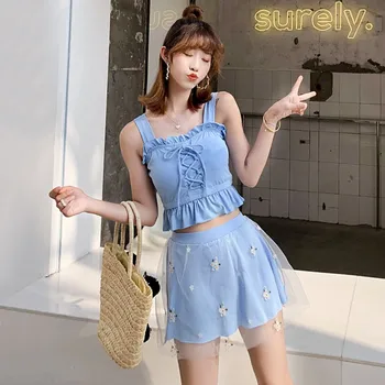

Women 2PC Push Up Top Set Lace Up Cropped Top Sleevless Mini Skirt Beach Style Thin Beautiful Girl Clothing