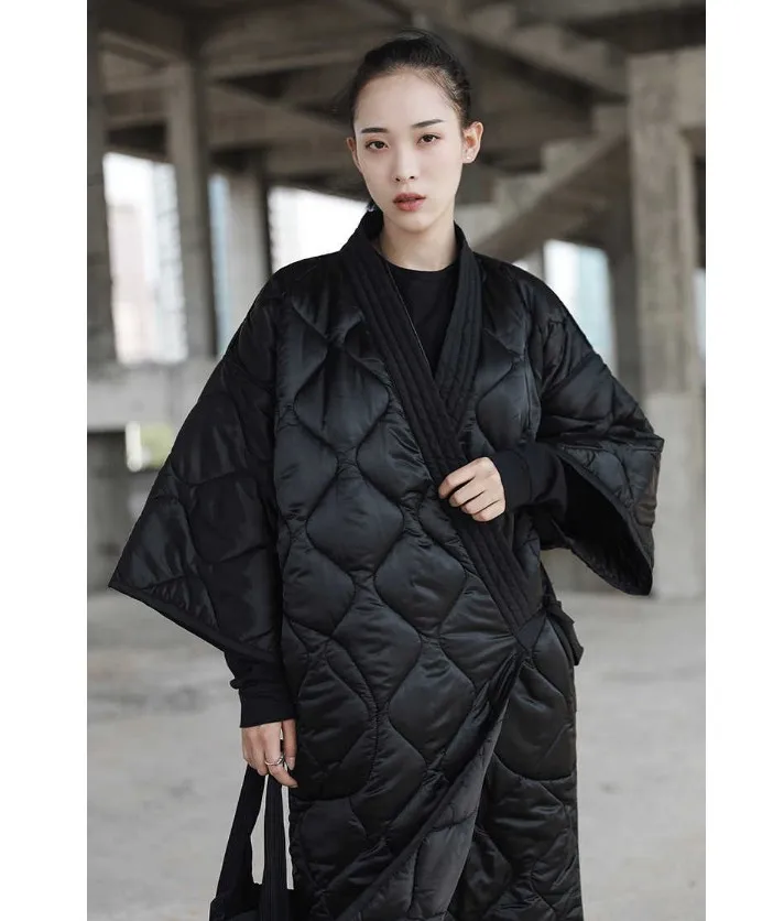 Dark Black Winter Japanese Kimono Bandage Robe Loose Long Cotton Padded Jacket Winter Warm Long Coat LM88