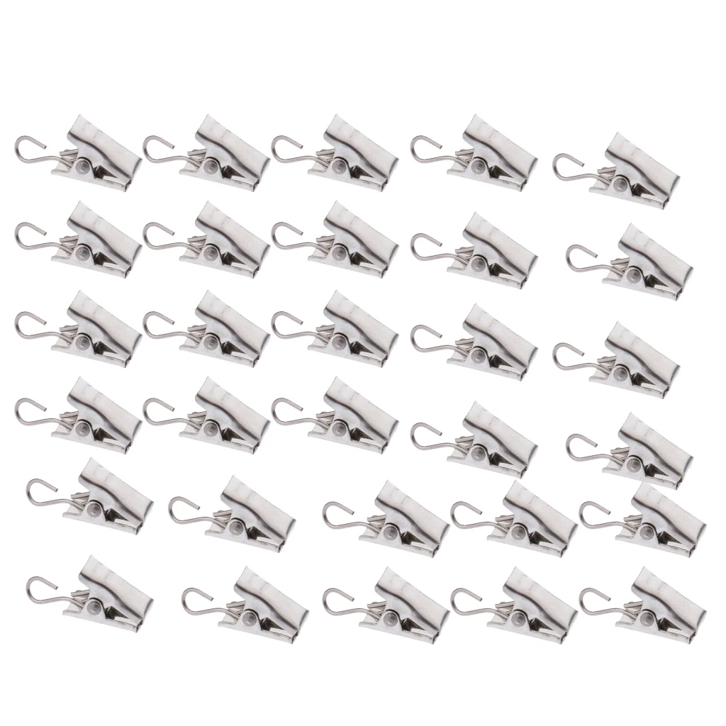 30 Pieces Muti Uses Hook, Clothesline Laundry Peg, Photo Clamps, Curtain Clips with Hook Hanger 30mm Silver