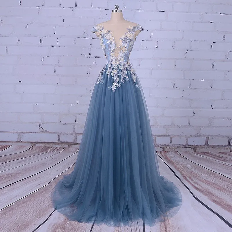 

Scoop Short Sleeves A-Line Tulle Wedding Dresses With Flowers Adorned Long Bridal Gowns Formal Robe De Mariage 2020 Spring