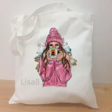 Холщовые сумки на плечо с рождественским принтом Харадзюку, сумки через плечо для женщин, Большая вместительная сумочка, женская сумка