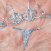 

New Women's Bra Set Bikini Women's Mesh Flower Embroidery Sexy Low Waist Backless Triangle Underwear Bikini Sexy Underwear Set