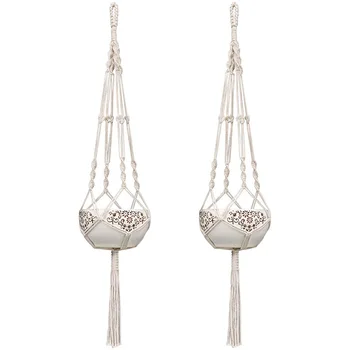 

2 Pcs Flower Pot Net Bag Plant Greening Hanging Basket Hanger Cotton Linen Handmade Cotton Rope Woven Hanging Rope