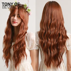 Long Water Wave Ombre Red Brown Synthetic Wigs With Bangs for Afro Women Daily Cosplay Natural Hair Wigs Heat Resistant Fiber