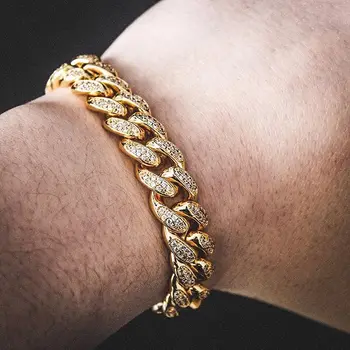 

8-inch Rhinestone Hiphop Bracelet Men Rock Simulated Cuban Bracelet Mosaic Zircon Golden Silvery Cooper Men's