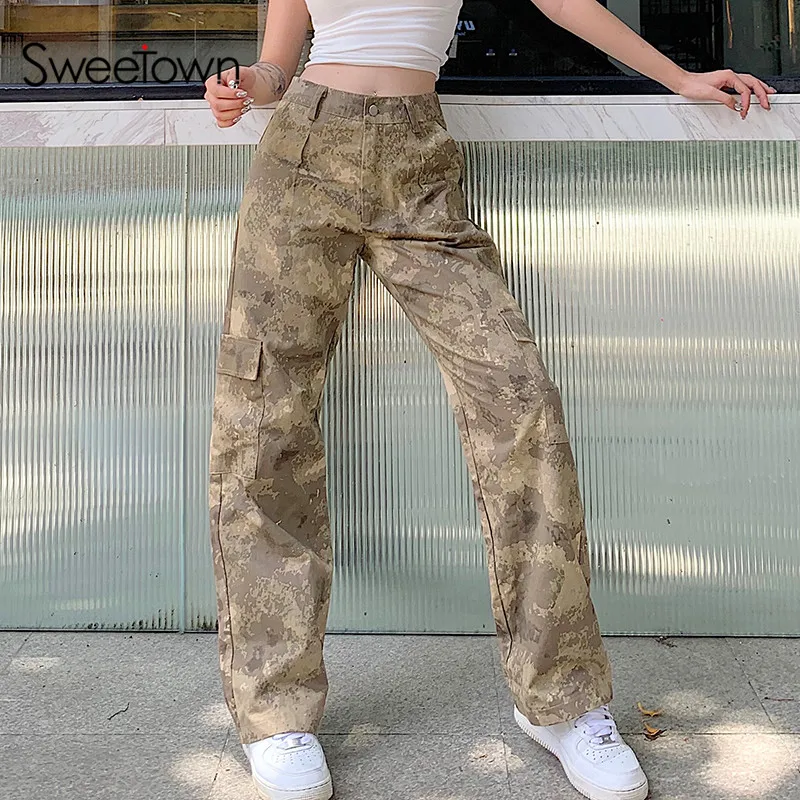 Sweetown Summer Camouflage Womens Straight Pants High Waist Casual Loose Cargo Pants Streetwear Trousers Female Fashion Outfits Sweetown Summer Camouflage Womens Straight Pants High Waist Casual Loose Cargo Pants Streetwear Trousers Female Fashion Outfits
