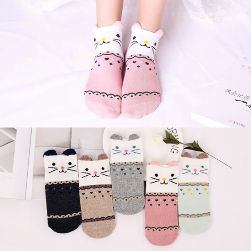 5 пар/компл. принт с героями мультфильмов Kawaii носки ушками кота короткие Веселые 3D