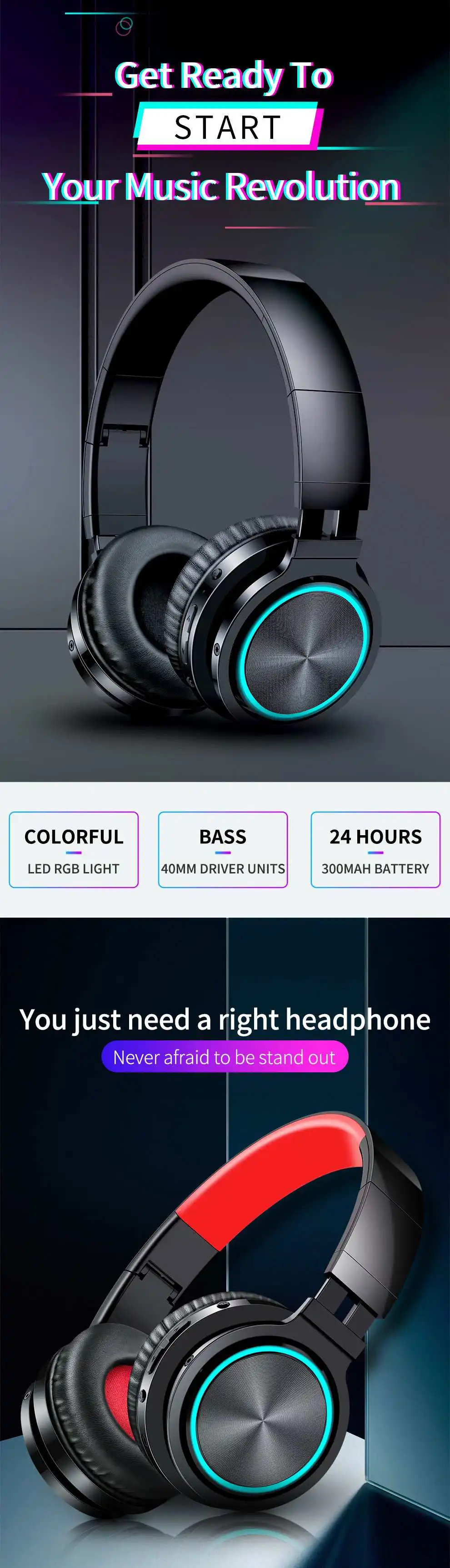 LEORY B12 Складная bluetooth 5,0 гарнитура сильный бас светодиодный RGB светильник наушники TF карта проводной режим гарнитура с микрофоном для телефонов