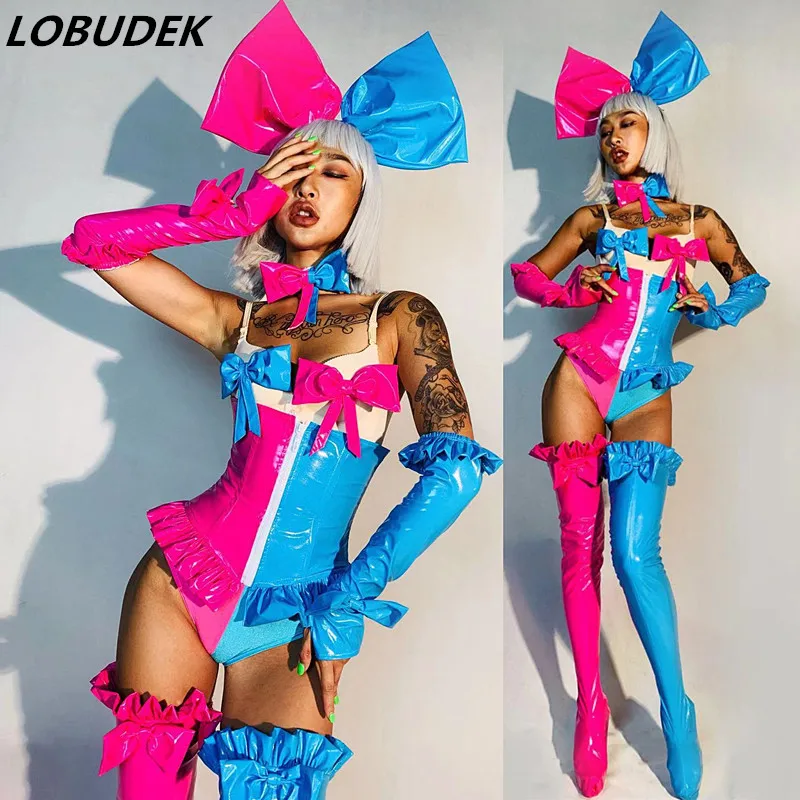 

Bar Club Party Lady Sexy Cosplay Costume Pink Blue Splicing Bodysuit Leggings Gloves Headdress Outfit Dance Team Show Stage Wear