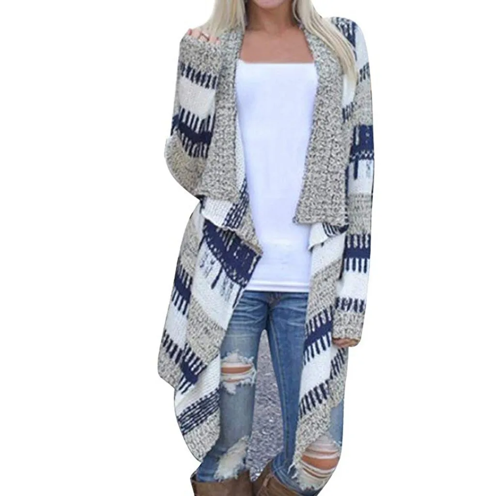 

JAYCOSIN Women's Gray Striped Print Irregular Turn-down Collar Cardigan Jacket Long Cardigan Pockets Jacket Coat dropshipping