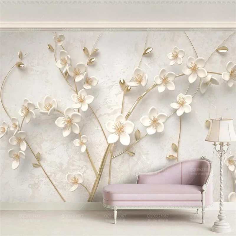 beibehnag обои Customized 3d wallpaper beautiful white plum simple European gold 3d embossed TV background wall papel de parede