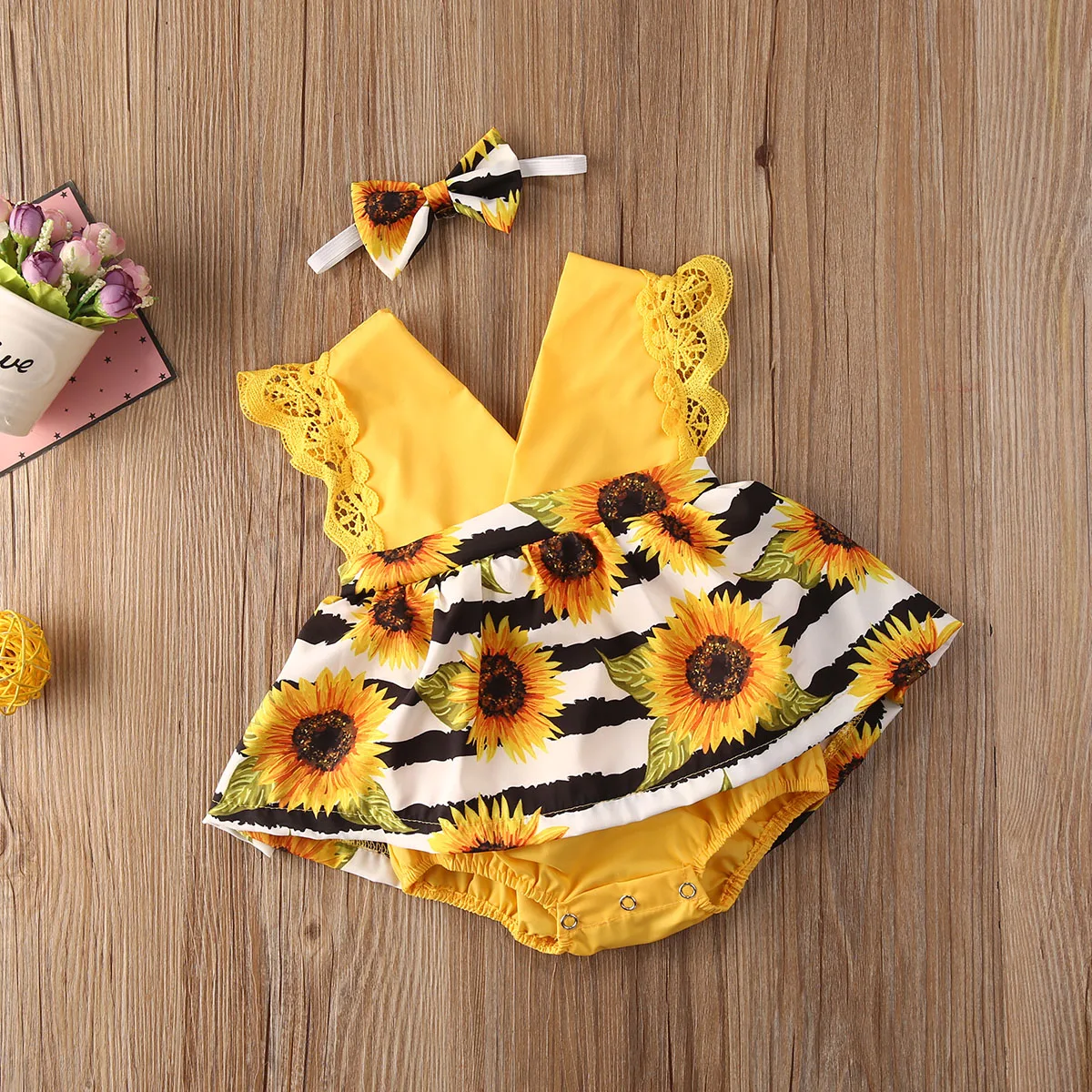 Baby Bodysuits for boy 0-24M Newborn Baby Girls Romper Dress Sunflowers Print Lace Sleeve V Neck Jumpsuits Headband 2pcs Baby Bodysuits classic