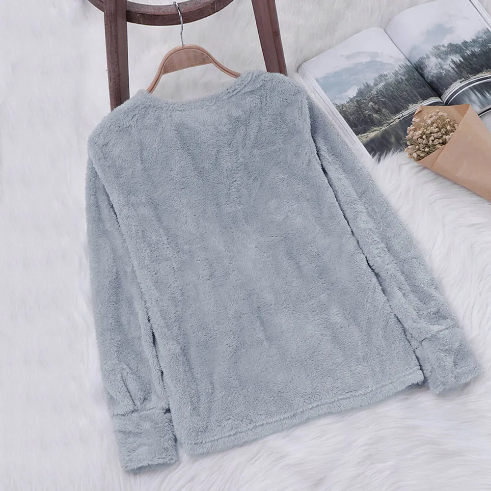 JAYCOSIN Fashion Women Artificial Wool Plush Sweatshirt Casual Simple Long Sleeve Solid Color Comfortable Pullover Blouse Top