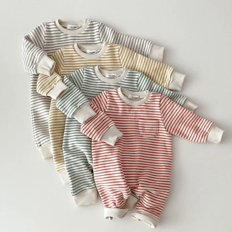 2024 Spring New Baby Striped Romper Boys Girls Simple Striped Casual Jumpsuit Winter Infant Fleece Warm Clothes 1