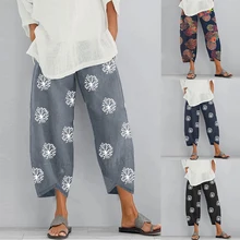 2021 Women Vintage Harem Pants Floral Print Elastic Waist Plus Size Loose Trousers Cotton Linen Wide Leg Pant Loose Summer Pants