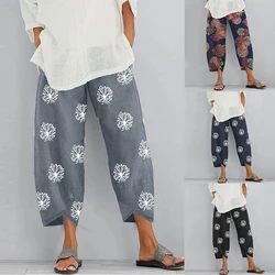 Pantalon sarouel Vintage pour femmes, imprimé Floral, taille élastique, grande taille, en coton et lin, jambes larges, été, 2021 