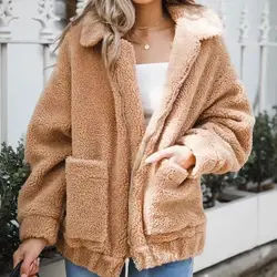 2019 Женское зимнее плотное плюшевое Пальто повседневные флисовые толстые куртки из искусственного меха женское винтажное теплое пальто