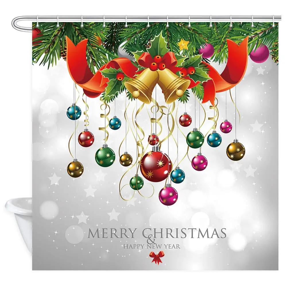 Colorful Christmas Balls Hang on Pine Tree and Xmas Bell New Year Holiday Decor Shower Curtain | Дом и сад