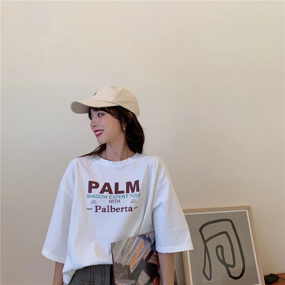 Letter Print Summer T-shirts Women Korean Style Casual Streetwear Vintage Harajuku T shirt Loose Cotton Tops Tees Plus Size X053