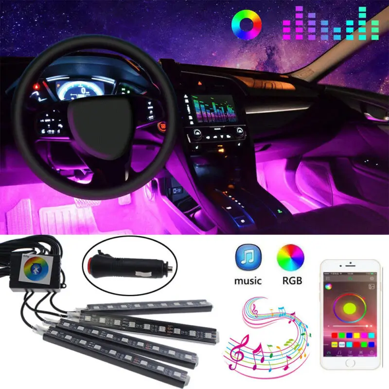 RGB светодиодный светильник, полоса для салона автомобиля, атмосферная лампа, Bluetooth, приложение, управление для салона автомобиля, пола или приборной панели
