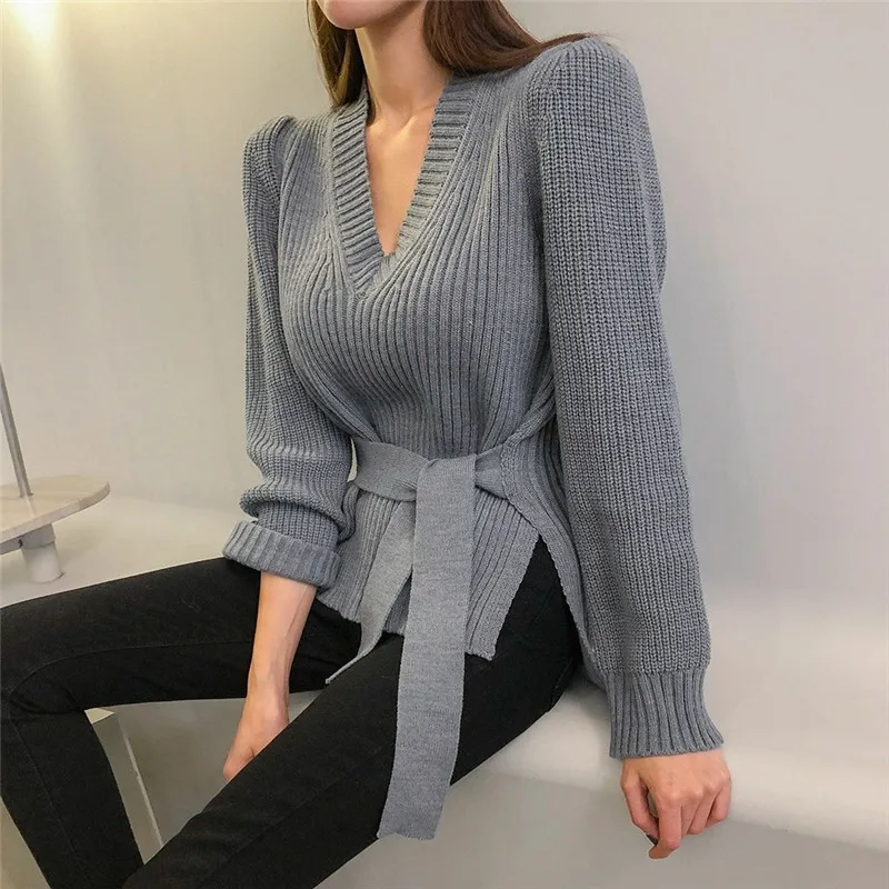 2019 autumn winter women's sweater v neck long sleeve lace up knitted tops korea P347 | Женская одежда