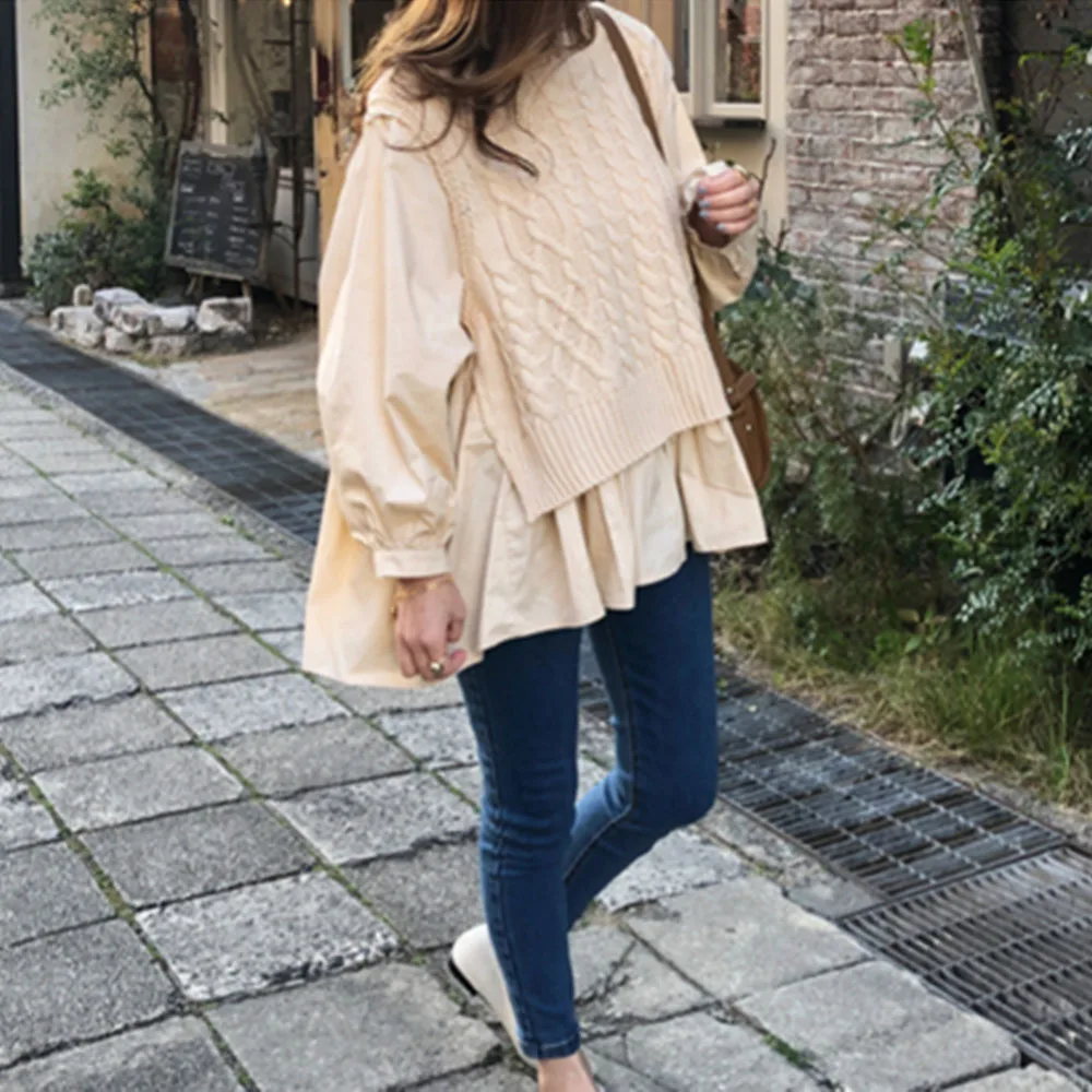 Autumn Vest Stitching Shirt Fake Two-piece