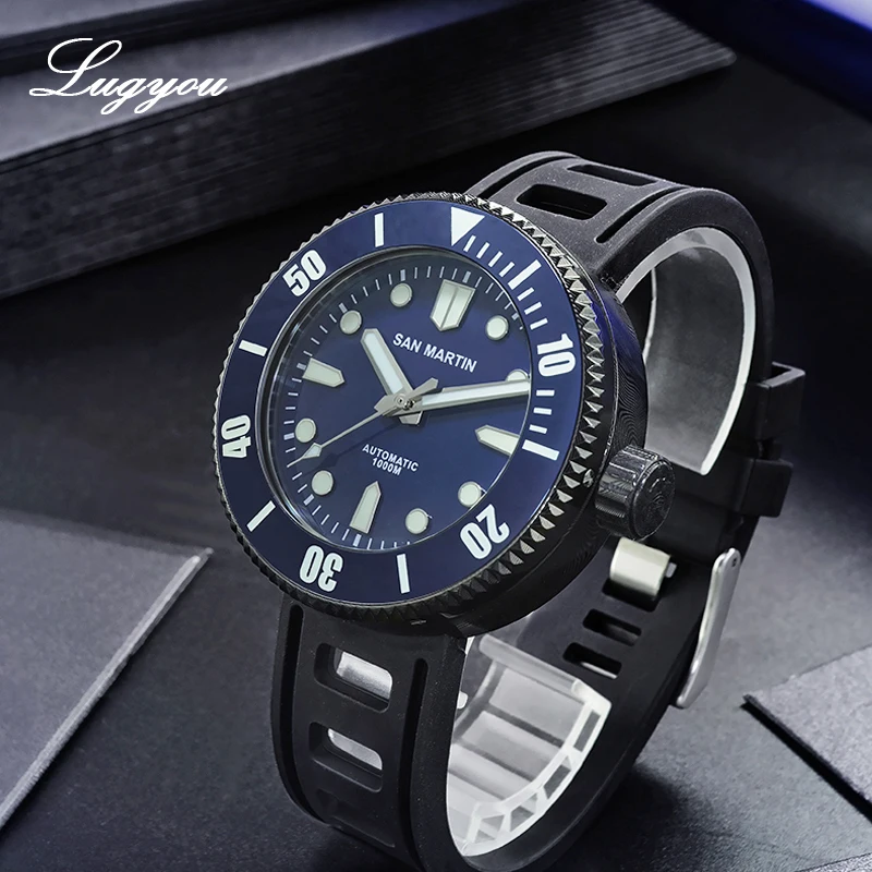 Lugyou San Martin автоматические часы Diver Дамасская сталь DLC сапфир вращающийся ободок 100