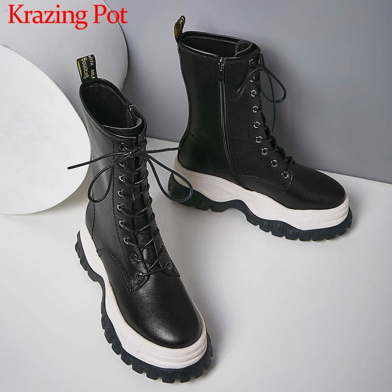 Krazing Pot/модные зимние теплые ботинки до середины икры на толстой подошве, со шнуровкой, смешанных цветов, из коровьей кожи, с круглым носком, на платформе, L11
