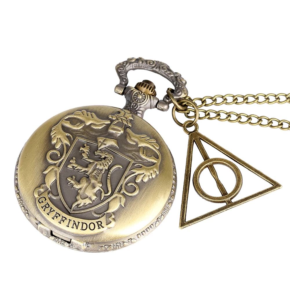 Бронзовые гравированные кварцевые карманные часы Gryffindor с ретро подвеска треугольная ожерелье цепочка часы подарки на день рождения для мужчин и женщин