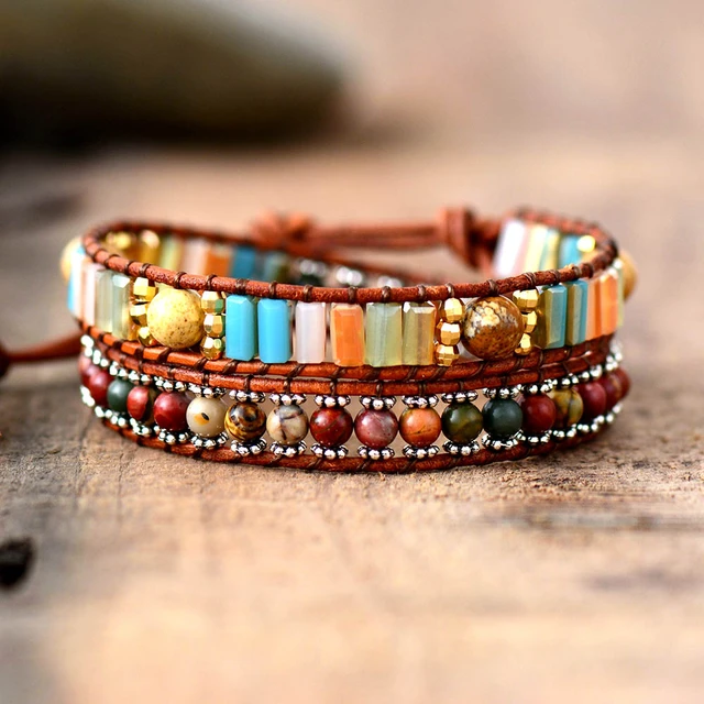 Wrap Bracelet Leather Stone Woman  Leather Bracelet Vintage Stone