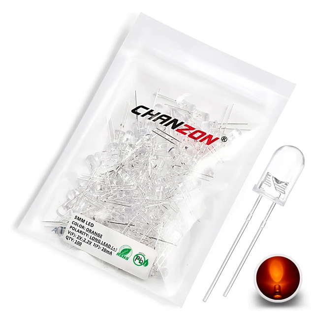 100pcs 5mm LED Diode Ultra Bright Warm White Red Green Blue UV Purple Yellow Orange Pink 2V 3V 20mA F5 Emitting Assortment Set 100pcs Orange