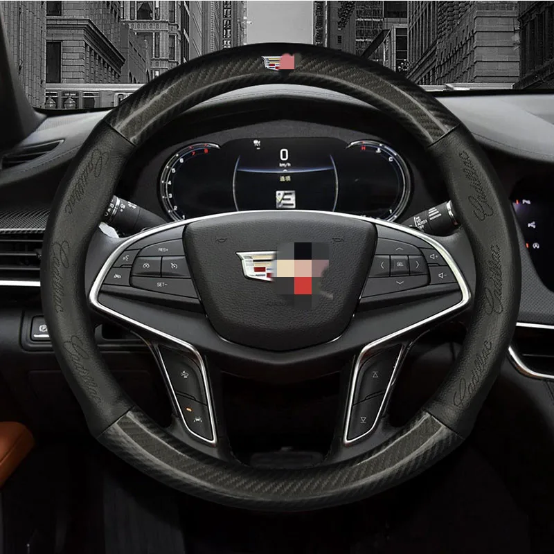 ManH FenT карбоновое волокно коровья кожа Чехол рулевого колеса автомобиля для Cadillac escalade SRX ATS CTS XT5 CT6 Eldorado - Название цвета: 38cm Black