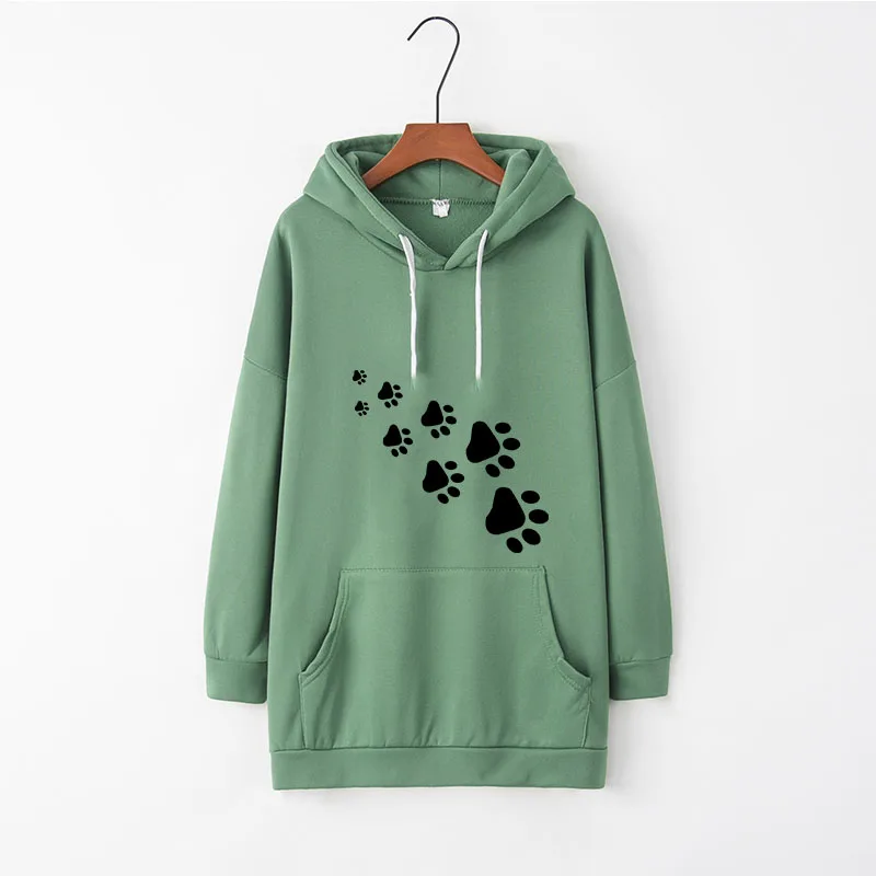 Kawaii Dog Paw Print осень зима новые толстовки женские утолщенные с капюшоном винтажные длинные толстовки пуловеры топы размера плюс - Цвет: Светло-зеленый