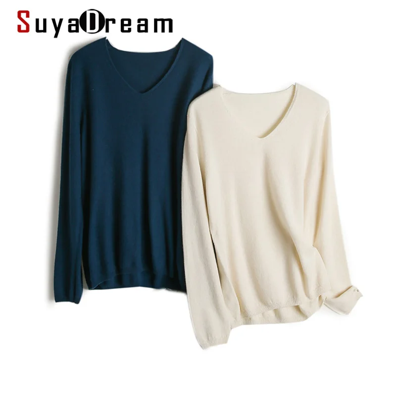 SuyaDream woman Wool sweaters 100%Wool V neck