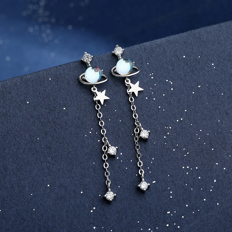 

925 Sterling Silver Zircon Star Earrings for Women Blue Space Universe Planet Circle Long Tassel Drop Earrings 2021 Fine Jewelry
