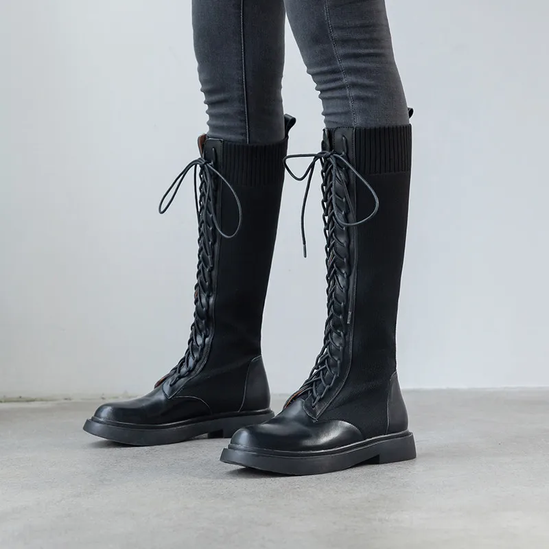 MORAZORA/ г., зимние теплые сапоги до колена из натуральной кожи Удобные модные женские сапоги на шнуровке на низком каблуке с круглым носком