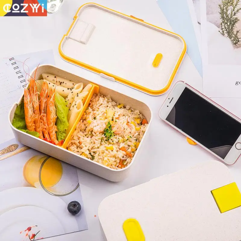 

High Quality Lunchbox Wheat Straw Material With Clipboard Cent Hole Tableware 2 Compartments Buckle Design Bento Box
