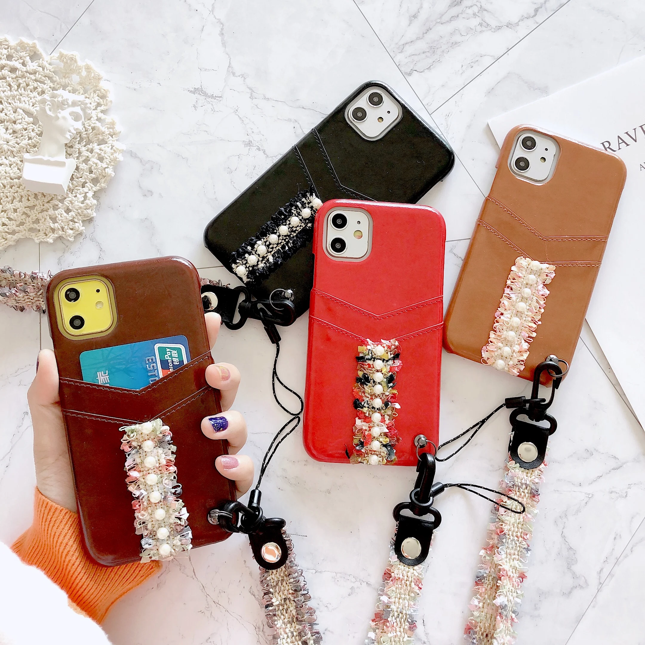 Luxury Leather Phone Case For iPhone 11 Pro Max X Xr Xs With Card Pocket Hand Strap Cover 8 7 6s Plus Se 2020 |