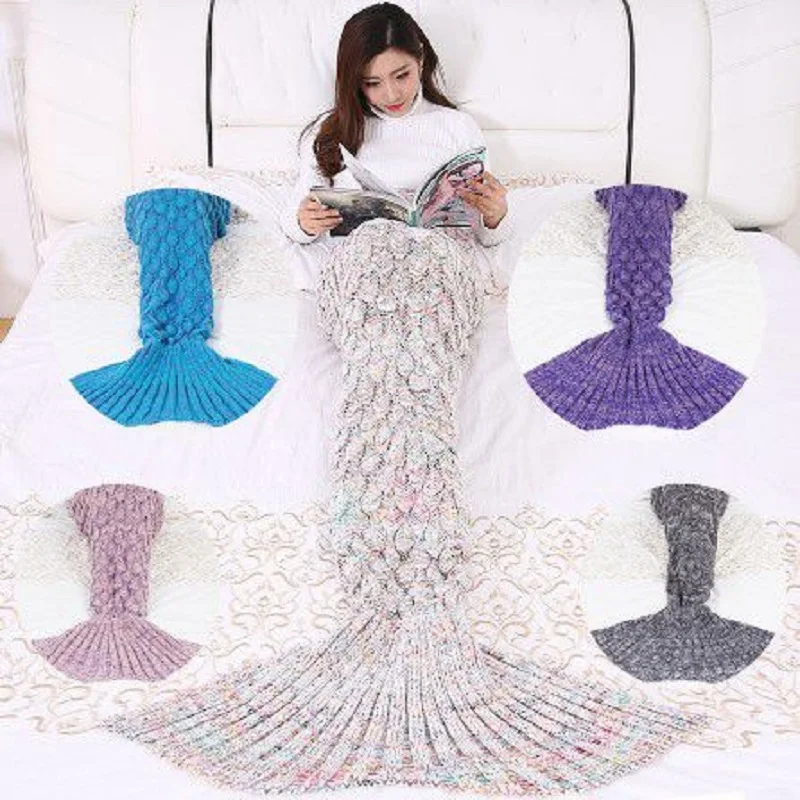 CAMMITEVER-manta grande de cola de sirena para adultos, manta de sirena de ganchillo de 180x90cm, suave para todas las estaciones, manta para dormir