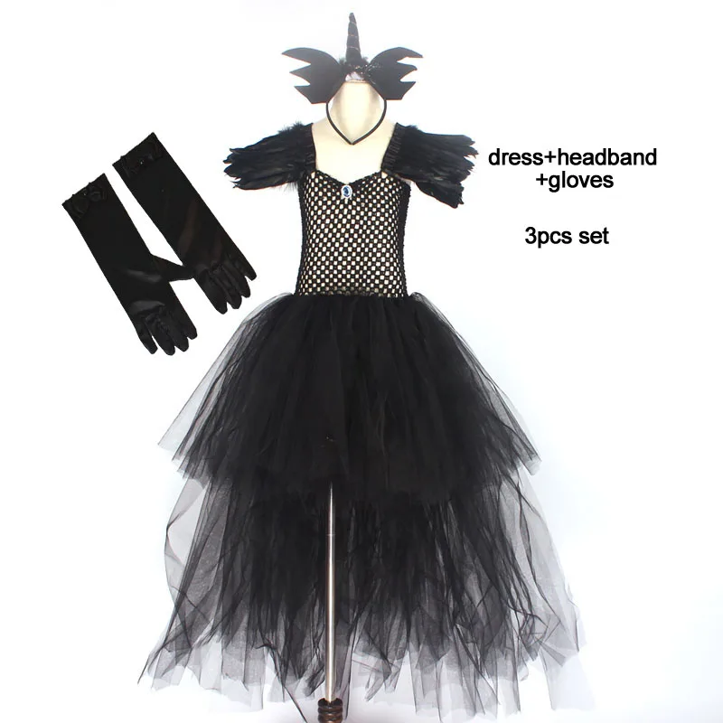 Платье-пачка черного и темного цвета для девочек с v-образным вырезом и шлейфом; праздничное вечернее бальное платье для девочек; нарядные платья; Детский костюм ведьмы на Хэллоуин - Цвет: dress headband glove