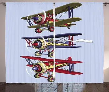 

Airplane Curtains 3 Biplanes Flies on a Background of The Sky Ink Paint Old Fashioned Travel Living Room Bedroom Window Curtain