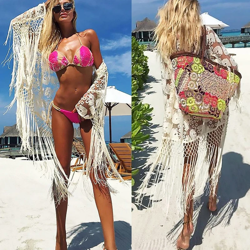 

New Lace Embroidered Bikini Cover Up Swimwear Women Swimsuit Crochet Tassel Cover-Up Women Blouse Tops Bathing Suit Cardigan