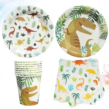 

1 Set/64pcs Exquisite Tableware Dinosaur Themed Party Disposable Plates Creative Party Tableware Fashion Paper Cup Plate Tissue